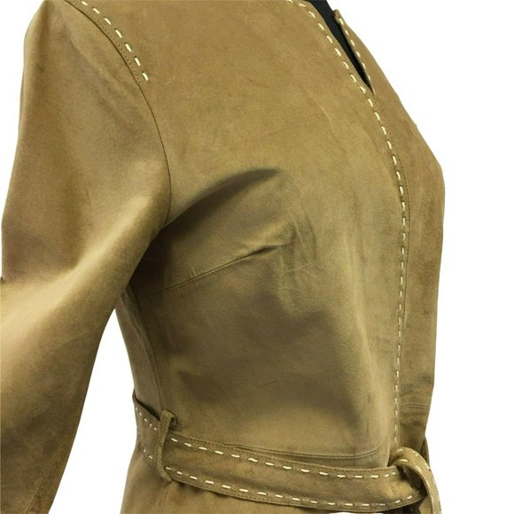 INC Coat M Brown Tan Genuine Leather Belted Boho Womens - Picture 9 of 12